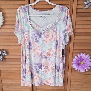 Torrid 2021 NWT Pastel Tie-Dye Short Sleeve Top in Purple, Peach & Mint